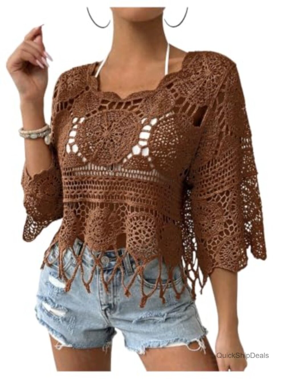 Crochet Fringe Swimsuit Cover Up Top 3/4 Sleeve Hollow Out Beach